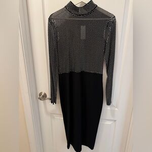 Hot Fix Diamante Power Jersey Black Mesh Long Sleeve Dress.